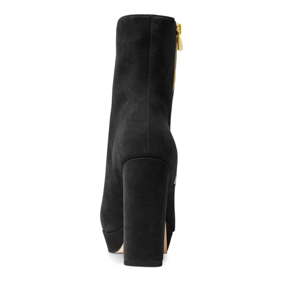 Michael Kors Frenchie Black Suede Stiletto Block Heel Platform Logo Ankle Bootie - Picture 6 of 9